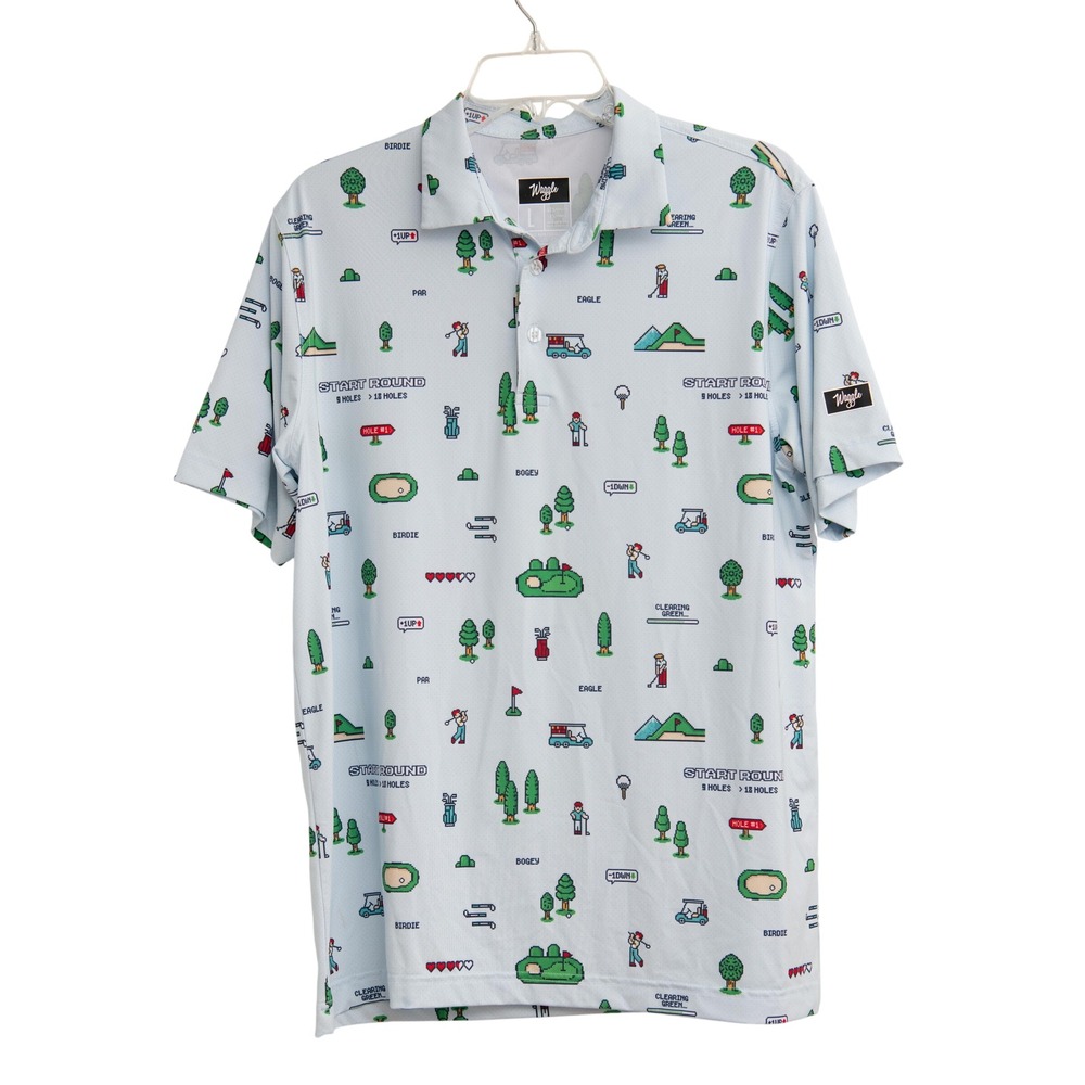 Waggle Golf Polo Sz L Retro Gaming 8Bit Pixel Mario Style Performance Athleisure